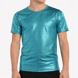 Weissman Boys Metallic Dance Top MC Teal Shiny Stretch Short Sleeve Shirt